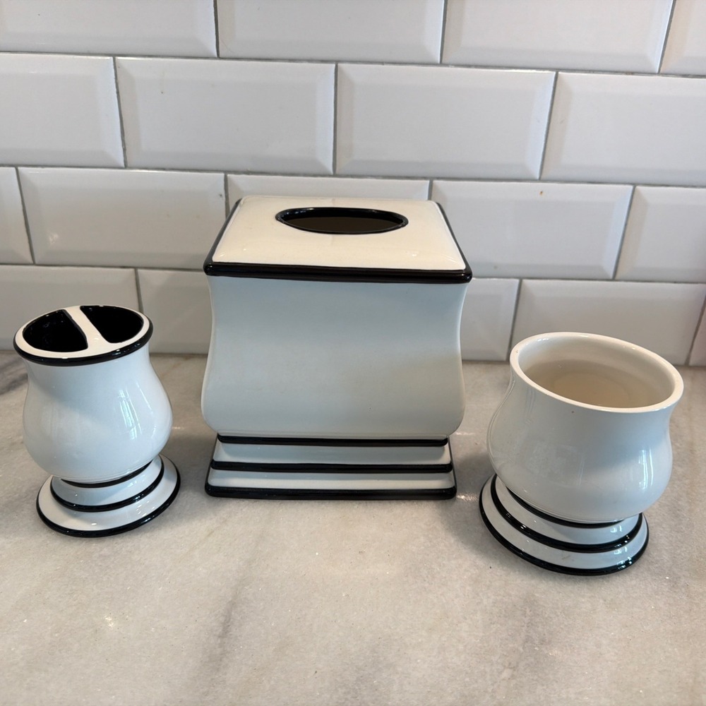 Vintage Black And White Ceramic Bath Set Tissue Box Toothbrush Holder &Cup 0041